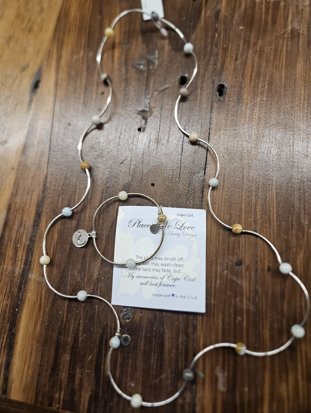Cape Cod 'Place of Love' Silver Necklace with White and Tan Beads